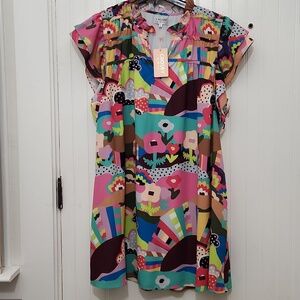 Crosby. Multicolor Floral & Stripe Print Dress - Pink, Blue, Green XL